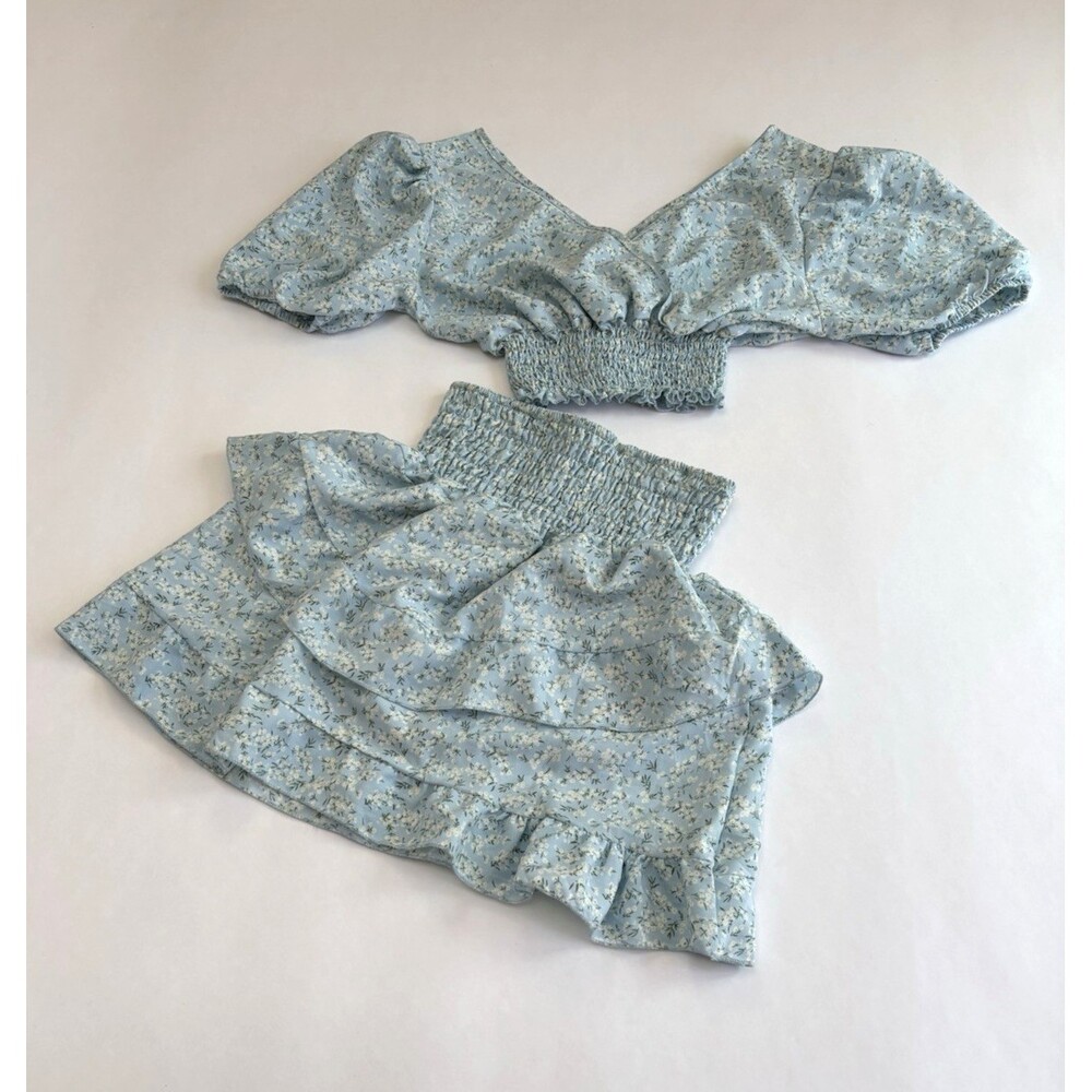 Defox Mini Skirt Crop Top Set Baby Blue Ditzy Floral Ruffle - Size S/M - Picture 3 of 5